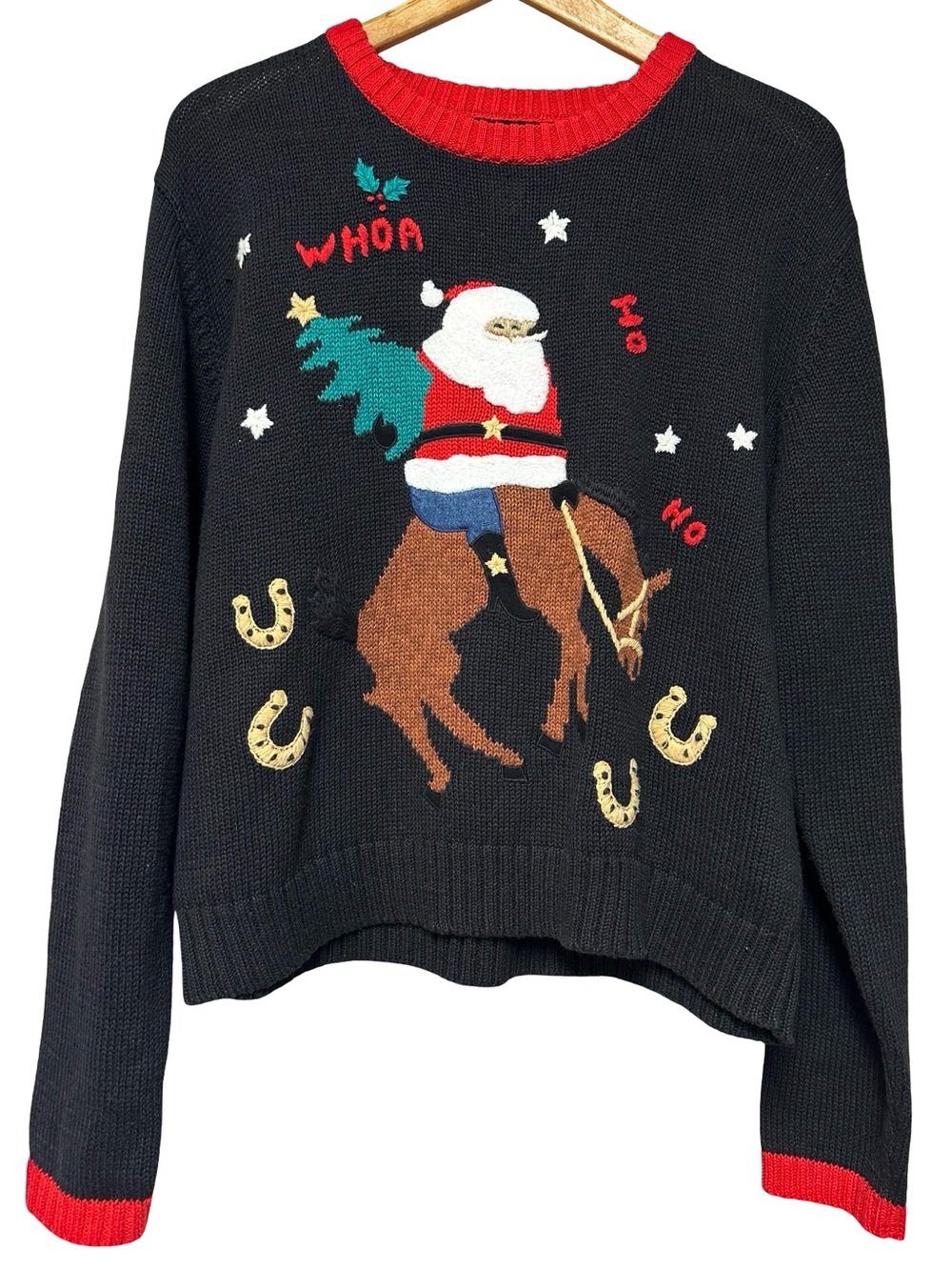 VTG Roughrider Santa Horse Ugly Christmas Sweater Large Cowboy Western Rodeo